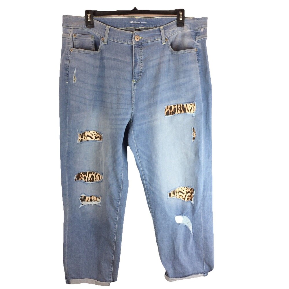INC Denim Women’s Jeans Boyfriend High Rise Light Wash Distressed Leopard Sz 18W